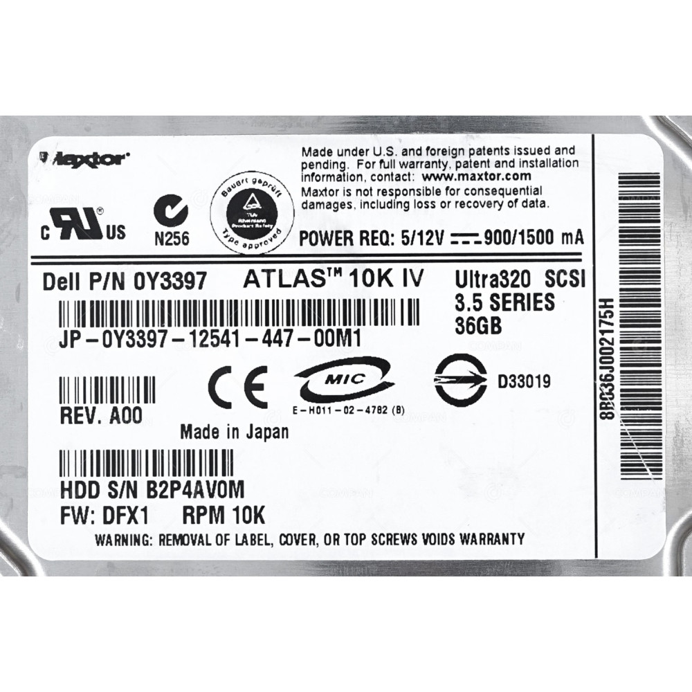 Y3397  DELL HARD DRIVE 36GB 10K U320 SCSI 3.5 LFF HOT-SWAP